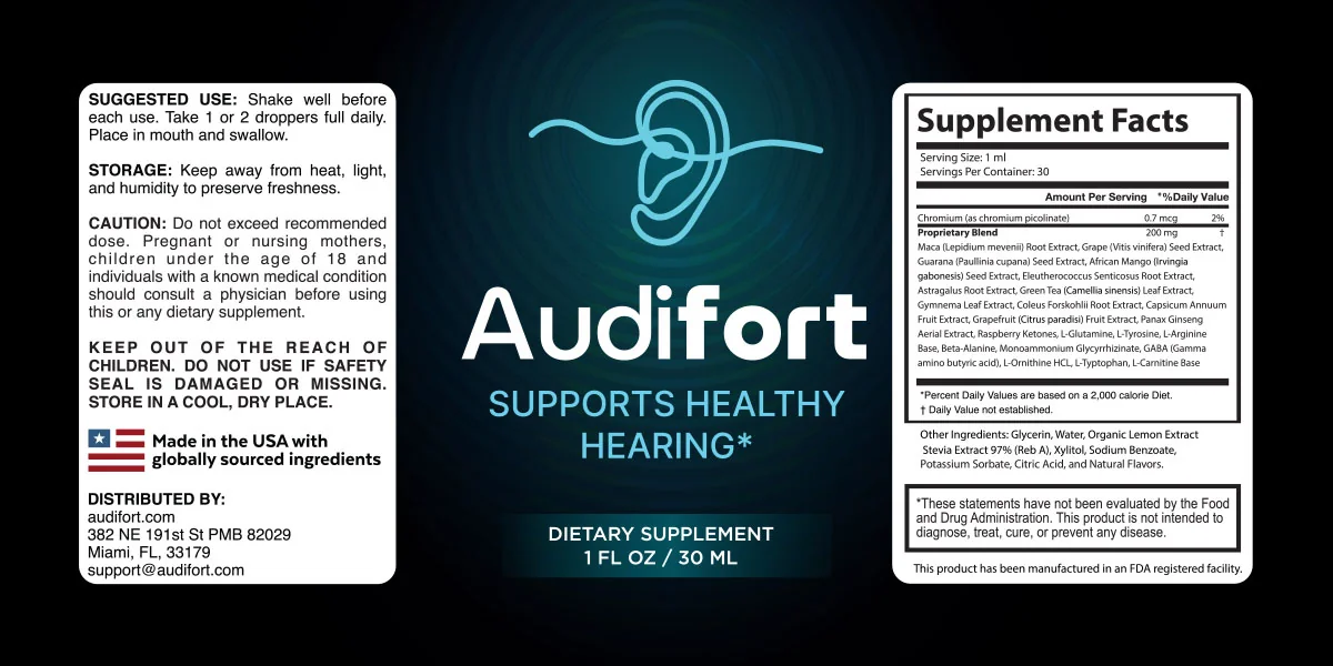 Audifort bottle label showing the supplement facts, directions and distributor details